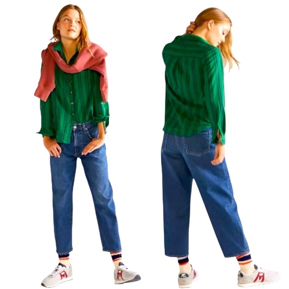 Maeve Anthropologie Striped Button Down Shirt Womens 6 Green Blue Cottagecore - Picture 4 of 10